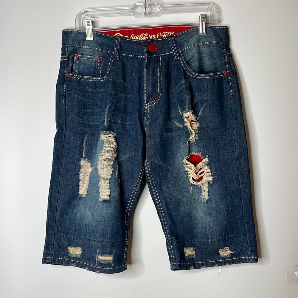 NWT Coca Cola CKU Shorts Blue Denim Jean Distressed Pockets Coke 32